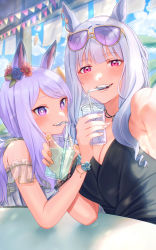 Rule 34 | 2girls, absurdres, animal ears, bare shoulders, blunt bangs, breasts, cleavage, cup, disposable cup, drinking straw, drinking straw in mouth, ear ornament, eyewear on head, gold ship (run revolt launcher) (umamusume), gold ship (umamusume), highres, horse ears, horse girl, horse tail, jewelry, light blush, light purple hair, long hair, mejiro mcqueen (ripple fairlady) (umamusume), mejiro mcqueen (umamusume), multiple girls, official alternate costume, official alternate hairstyle, palm tree, parasol, pendant, purple eyes, purple hair, selfie, sunglasses, swimsuit, tail, tamayume, tracen swimsuit, tree, umamusume, umbrella, upper body, wind chime