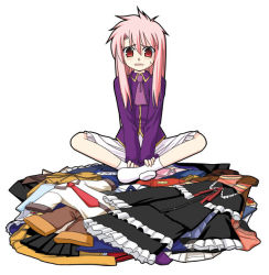 Rule 34 | 00s, 1girl, body switch, clothes, clothes on floor, cosplay, dress, emilya saga, emiya shirou, fate/stay night, fate (series), gender request, genderswap, indian style, kaze shibuki, long hair, messy hair, necktie, no shoes, personality switch, pink hair, red eyes, shirouko, simple background, sitting, skirt, socks, solo, v arms