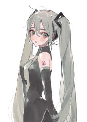Rule 34 | 00s, 1girl, absurdres, aqua eyes, aqua hair, aqua necktie, bad id, bad pixiv id, black shirt, blush, collared shirt, commentary request, detached sleeves, from side, hair between eyes, hatsune miku, headphones, highres, long hair, necktie, parted lips, piru (exp 66), shirt, simple background, sleeveless, sleeveless shirt, solo, standing, twintails, very long hair, vocaloid, white background