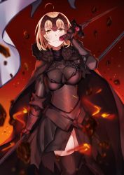 Rule 34 | 1girl, 714 (leg200kr), ahoge, arm at side, arm up, armor, armored dress, black cape, black dress, black thighhighs, blonde hair, blurry, blush, breasts, cape, chain, cowboy shot, depth of field, dress, dual wielding, eyebrows, fate/apocrypha, fate/grand order, fate (series), floating, floating object, floating rock, fur collar, fur trim, gauntlets, headpiece, highres, holding, holding sword, holding weapon, jeanne d&#039;arc (fate), jeanne d&#039;arc alter (avenger) (fate), jeanne d&#039;arc alter (avenger) (first ascension) (fate), jeanne d&#039;arc alter (fate), large breasts, looking at viewer, ruler (fate/grand order), shiny skin, short hair, side slit, smile, solo, sword, thighhighs, thighs, unsheathed, weapon, yellow eyes