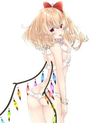 Rule 34 | 1girl, :p, ass, bare arms, bare shoulders, bikini, blonde hair, blush, bow, breasts, butt crack, commentary request, cowboy shot, crystal, fang, finger to cheek, flandre scarlet, frills, from behind, hair between eyes, hair bow, hand up, head tilt, highres, long hair, looking at viewer, looking back, no headwear, one side up, partial commentary, pointy ears, red bow, red eyes, simple background, small breasts, smile, solo, standing, swimsuit, thighs, tongue, tongue out, tosakaoil, touhou, white background, white bikini, wings