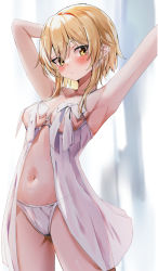 Rule 34 | 1girl, :/, absurdres, armpits, arms up, babydoll, bare arms, bare shoulders, blonde hair, blurry, blurry background, blush, bow, breasts, closed mouth, cowboy shot, eyes visible through hair, genshin impact, hair between eyes, highres, looking at viewer, lumine (genshin impact), medium breasts, nanashinayuzu mochi, navel, panties, see-through, short hair with long locks, sidelocks, solo, spaghetti strap, stomach, thighs, underwear, white babydoll, white bow, white panties