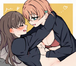 Rule 34 | ..., 2girls, ^^^, aqua eyes, black shirt, blush, border, bra, breasts, brown hair, cleavage, closed eyes, commentary, crossed bangs, ear blush, face-to-face, fujishima megumi, grabbing another&#039;s breast, groping, hair between eyes, hair ornament, heart, highres, hinoshita kaho, link! like! love live!, long hair, long sleeves, looking at another, love live!, lying, medium breasts, medium hair, multiple girls, naked shirt, on back, open clothes, open mouth, open shirt, orange hair, outside border, pink bra, profile, rabbit hair ornament, seseri (sssr d), shirt, simple background, squiggle, two side up, underwear, virtual youtuber, white border, yellow background, yuri