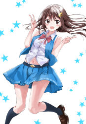 Rule 34 | 1girl, :d, absurdres, black socks, blue skirt, blush, bow, bowtie, brown eyes, brown footwear, brown hair, dress shirt, floating hair, fujisaki ribbon, hair flaps, hair ornament, highres, hololive, kneehighs, loafers, long hair, looking at viewer, midriff, miniskirt, navel, open mouth, pleated skirt, red bow, red bowtie, shirt, shoes, skirt, sleeveless, sleeveless shirt, smile, socks, solo, star (symbol), starry background, stomach, tokino sora, tokino sora (old design), virtual youtuber, white background, white shirt