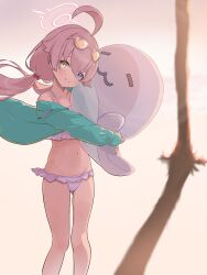 Rule 34 | 1girl, ahoge, bikini, blue archive, blue eyes, blue jacket, blush, closed mouth, eyewear on head, feet out of frame, groin, hair between eyes, hair bobbles, hair ornament, heterochromia, highres, hoshino (blue archive), hoshino (swimsuit) (blue archive), inflatable toy, inflatable whale, jacket, long hair, long sleeves, low twintails, navel, official alternate costume, official alternate hairstyle, oozumi 03, open clothes, open jacket, pink hair, smile, solo, sunglasses, swimsuit, twintails, white bikini, yellow eyes