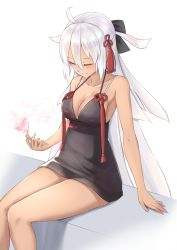 Rule 34 | 1girl, ahoge, animal, animal on hand, arm support, bare arms, bare shoulders, black bow, black dress, bow, breasts, bug, butterfly, butterfly on hand, cleavage, closed eyes, closed mouth, collarbone, commentary request, dark-skinned female, dark skin, dress, facing viewer, fate/grand order, fate (series), hair between eyes, hair bow, highres, insect, jilu, long hair, majin saber, medium breasts, okita souji (fate), okita souji alter (fate), silver hair, sitting, sleeveless, sleeveless dress, smile, solo, very long hair