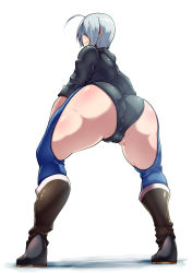 Rule 34 | 1girl, ahoge, angel (kof), ass, cleft of venus, full body, highres, jacket, kanta (k n t r o), leaning forward, legs, partially visible vulva, short hair, simple background, snk, solo, the king of fighters, thick thighs, thighs, white background, white hair