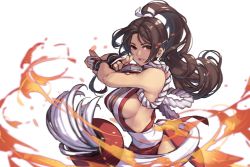 Rule 34 | 1girl, absurdres, b8932130, bare shoulders, breasts, brown eyes, brown hair, cleavage, fatal fury, fighting stance, fire, hand fan, high ponytail, highres, holding, holding fan, large breasts, long hair, looking at viewer, ninja, ponytail, revealing clothes, shiranui mai, sideboob, solo, the king of fighters, white background