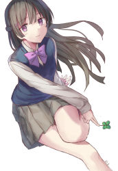Rule 34 | 1girl, arm support, blue vest, brown hair, brown skirt, clover, expressionless, four-leaf clover, highres, kneeichigo, long hair, looking at viewer, neck ribbon, nijisanji, outstretched leg, purple eyes, purple ribbon, ribbon, shirt, skirt, solo, tsukino mito, tsukino mito (3rd costume), vest, virtual youtuber, white shirt