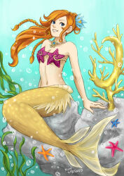 1girl :d absurdres ace_attorney algae athena_cykes blue_eyes braid bubble coral flower full_body hair_flower hair_ornament highres jewelry long_hair mermaid monster_girl navel necklace noh_masked open_mouth orange_hair phoenix_wright:_ace_attorney_-_dual_destinies rock shell shell_bikini sitting smile starfish underwater