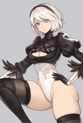Rule 34 | 1girl, ass, black dress, black gloves, black hairband, black thighhighs, blue eyes, boots, breasts, cameltoe, commentary request, dress, feather-trimmed sleeves, gloves, grey background, hairband, highres, juliet sleeves, large breasts, leotard, long sleeves, mole, mole under mouth, nier (series), nier:automata, no pants, parted lips, puffy sleeves, revision, short hair, silver hair, simple background, solo, thighhighs, thighhighs under boots, tsuki suigetsu, white leotard, 2b (nier:automata)