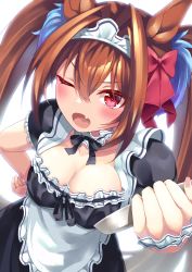 Rule 34 | 1girl, :o, absurdres, alternate costume, animal ears, atelier z44, backlighting, blush, breasts, brown hair, cleavage, commentary request, daiwa scarlet (umamusume), enmaided, fang, hair ornament, hand on own hip, highres, horse ears, horse girl, long hair, looking at viewer, maid, maid headdress, one eye closed, red eyes, skin fang, solo, tray, twintails, umamusume, upper body, white background, wrist cuffs