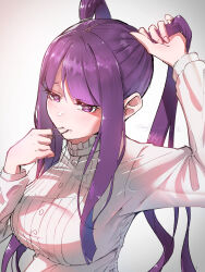 Rule 34 | 1girl, absurdres, adjusting hair, alternate hairstyle, arm up, breasts, commentary, dress, fern (sousou no frieren), highres, long hair, long sleeves, medium breasts, mouth hold, purple eyes, purple hair, simple background, smile (qd4nsvik), solo, sousou no frieren, twintails, upper body, white background, white dress