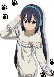 Rule 34 | 1girl, black hair, brown eyes, headphones, k-on!, long hair, nakano azusa, oku no shi, revision, solo, sweater, twintails