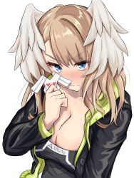 Rule 34 | 1girl, absurdres, asymmetrical bangs, black bodysuit, black jacket, blue eyes, blush, bodysuit, breasts, brown hair, cleavage, closed mouth, collarbone, commentary request, embarrassed, eunie (xenoblade), green jacket, hand up, head wings, heart, heart-shaped eyes, highres, hood, hood down, hooded jacket, jacket, large breasts, long hair, long sleeves, looking at viewer, multicolored clothes, multicolored jacket, origami, paper, solo, timosan, two-tone jacket, upper body, white background, white wings, wings, xenoblade chronicles (series), xenoblade chronicles 3