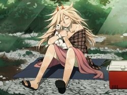 Rule 34 | 1girl, blonde hair, cat, chainsaw man, closed eyes, cooler, cosiecottage, dirty, grass, highres, hug, long hair, meowy (chainsaw man), messy hair, nude, outdoors, plaid blanket, power (chainsaw man), smile, solo focus, sunlight, twitter username, white cat