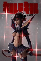 Rule 34 | 10s, 1girl, 3d, black hair, blue eyes, boots, breasts, cleavage, cowboy shot, cropped legs, gradient background, highres, holding, holding weapon, jpl-animation, kevin lumoindong, kill la kill, lens flare, lips, matoi ryuuko, miniskirt, multicolored hair, navel, revealing clothes, senketsu, short hair, showgirl skirt, skirt, solo, stomach, suspenders, sword, thigh boots, thighhighs, two-tone hair, underboob, watermark, weapon, zettai ryouiki