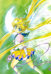 Rule 34 | 1990s (style), 1997, 1girl, angel wings, bishoujo senshi sailor moon, bishoujo senshi sailor moon sailor stars, bishoujo senshi sailor moon stars, blonde hair, blue eyes, blue sailor collar, boots, brooch, crescent, crescent facial mark, crescent moon, double bun, elbow gloves, eternal sailor moon, eternal tiare, facial mark, feathered wings, feathers, floating hair, forehead mark, from side, gloves, hair bun, hair ornament, hairclip, heart, heart brooch, highres, holding, jewelry, kawamura mika, layered skirt, long hair, marker (medium), moon, parted bangs, pink ribbon, retro artstyle, ribbon, sailor collar, sailor moon, signature, skirt, solo, traditional media, tsukino usagi, twintails, very long hair, white footwear, white gloves, wing brooch, wings