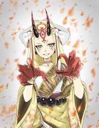 Rule 34 | 1girl, bare shoulders, blonde hair, claws, collarbone, earrings, eyebrows, facial mark, fate/grand order, fate (series), female focus, floral print, grin, hair ornament, highres, horns, ibaraki douji (fate), japanese clothes, jewelry, kimono, lips, long hair, monster girl, off shoulder, oni, oni horns, short kimono, shoui, sidelocks, smile, solo, tattoo, teeth, wide sleeves, yellow eyes, yellow kimono
