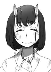 Rule 34 | 1girl, bad id, bad twitter id, blush, bob cut, bruise, bruise on face, closed eyes, facing viewer, greyscale, hands on own chest, horns, injury, monochrome, nucomas, oni, oni horns, original, portrait, short hair, simple background, smile, solo, vest, white background