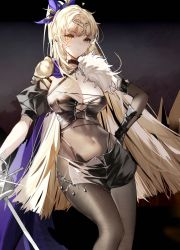 Rule 34 | 1girl, armor, blonde hair, breasts, cleavage, covered navel, cross-laced clothes, cross-laced top, ear piercing, elbow gloves, fur trim, gloves, hair ribbon, high-waist pantyhose, high ponytail, highleg, highleg panties, highres, holding, holding weapon, jewelry, large breasts, long hair, necklace, original, panties, pantyhose, piercing, puffy sleeves, ribbon, shoulder armor, single elbow glove, skirt, thighs, underwear, very long hair, weapon, xiongshouji, yellow eyes