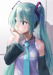 Rule 34 | 1girl, absurdres, aqua eyes, aqua hair, aqua necktie, bad id, bad twitter id, black sleeves, blush, closed mouth, commentary request, copyright name, detached sleeves, grey shirt, hand on own cheek, hand on own face, hatsune miku, highres, ishiyuki, long hair, necktie, shirt, sleeveless, sleeveless shirt, solo, twintails, upper body, vocaloid, wide sleeves