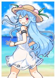 Rule 34 | 1girl, ;d, absurdres, armband, ass, bare shoulders, beach, blue hair, blue sky, blurry, blurry background, blush, bracelet, breasts, brown hat, cloud, day, dress, eruru (erl), fang, food, fruit, hat, highres, hinanawi tenshi, jewelry, kneepits, light blue hair, long hair, looking at viewer, looking back, ocean, one eye closed, open mouth, outdoors, outline, peach, red eyes, sky, small breasts, smile, solo, straw hat, touhou, very long hair, water, white dress, white outline
