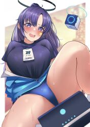 Rule 34 | 1girl, absurdres, black shirt, blue archive, blue buruma, blue jacket, blush, breasts, buruma, drone, gym uniform, halo, highres, id card, jacket, large breasts, long hair, looking at viewer, mr2d, official alternate costume, open mouth, partially unzipped, ponytail, purple eyes, purple hair, shirt, short sleeves, sitting, solo, sportswear, spread legs, star sticker, sticker on face, sweat, thighs, track jacket, yuuka (blue archive), yuuka (track) (blue archive)