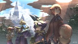 Rule 34 | artist name, babunny selkie, black bow, blonde hair, blue eyes, blush, bow, brown eyes, brown hair, brown jacket, closed mouth, commentary request, day, final fantasy, final fantasy crystal chronicles, gauntlets, green hair, hair bow, hair over eyes, helmet, highres, holding, holding weapon, jacket, looking away, multicolored hair, outdoors, pants, parted bangs, purple hair, purple jacket, red eyes, ribbon clavat, shy lilty, signature, sky ship yuke, striped, tower, two-tone hair, umiroku, v-shaped eyebrows, weapon, white pants