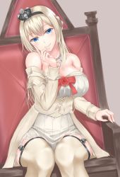 Rule 34 | 10s, 1girl, bad id, bad pixiv id, bare shoulders, blonde hair, blue eyes, braid, breasts, brown background, corset, crown, dress, flower, french braid, garter straps, hairband, highres, jewelry, kantai collection, large breasts, lips, long hair, long sleeves, looking at viewer, mini crown, necklace, off-shoulder dress, off shoulder, primamiya, red flower, red ribbon, red rose, ribbon, rose, sitting, smile, solo, thighhighs, throne, warspite (kancolle), white dress, white thighhighs