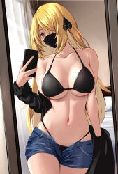Rule 34 | 1girl, bed, black mask, blonde hair, breasts, cellphone, commentary request, creatures (company), cynthia (pokemon), denim, denim shorts, game freak, grey eyes, hair ornament, highres, holding, holding phone, indoors, large breasts, long hair, mask, mouth mask, navel, nintendo, open fly, phone, pokemon, pokemon dppt, selfie, shorts, smartphone, solo, stomach, very long hair, yoshimoto (carpsukidayo)