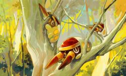 Rule 34 | amehatobook, animal focus, branch, bright pupils, brown eyes, bug, commentary request, creatures (company), day, forest, game freak, gen 7 pokemon, grubbin, highres, in tree, nature, nintendo, no humans, outdoors, pokemon, pokemon (creature), tree, white pupils