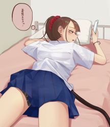 Rule 34 | 1girl, blue skirt, brown eyes, cable, cowboy shot, hair ornament, hair scrunchie, highres, indoors, looking at phone, lying, mecha-jk, mechanical parts, meikaa, on bed, on stomach, original, phone, pillow, recharging, school uniform, scrunchie, shirt, short sleeves, skirt, solo, thought bubble, white shirt
