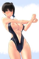 Rule 34 | 1girl, black one-piece swimsuit, breasts, brown eyes, brown hair, cleavage cutout, clothing cutout, female focus, groin, hair between eyes, highres, inverted nipples, kaga (kancolle), kantai collection, large breasts, long hair, looking at viewer, navel, navel cutout, nipple slip, nipples, one-piece swimsuit, outdoors, parted lips, side ponytail, simple background, solo, standing, stretching, swimsuit, wa (genryusui)