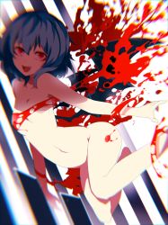 Rule 34 | 1girl, bad id, bad pixiv id, bat wings, blood, blood splatter, blue hair, chiruru96, chromatic aberration, fang, flat chest, navel, nude, open mouth, purple hair, red eyes, remilia scarlet, smile, solo, touhou, wings