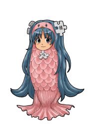 Rule 34 | 1girl, amabie, blue hair, costume, full body, kasuga (kasuga39), long hair, outline, puzzle piece, puzzle piece hair ornament, simple background, smile, solo, very long hair, white background, wikipe-tan, wikipedia