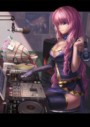 Rule 34 | 1girl, blue eyes, bouquet, breasts, cleavage, cleavage cutout, clothing cutout, fingerless gloves, flower, gloves, headphones, heart, heart cutout, highres, long hair, megurine luka, microphone, phonograph, pink hair, poster (medium), poster (object), saber 01, sitting, skirt, solo, speaker, thighhighs, turntable, vocaloid, zettai ryouiki