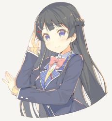 Rule 34 | 1girl, black hair, black jacket, blazer, blush, bow, bowtie, braid, breasts, closed mouth, collared shirt, commentary request, cropped torso, grey background, hair ornament, hairclip, head tilt, jacket, long hair, long sleeves, looking at viewer, medium breasts, meito (maze), nijisanji, pink bow, pink bowtie, purple eyes, shirt, simple background, sleeves past wrists, smile, solo, sweater, tsukino mito, tsukino mito (1st costume), upper body, very long hair, virtual youtuber, white shirt