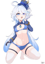 Rule 34 | 1girl, :d, absurdres, ahoge, asymmetrical gloves, bikini, black gloves, blue bikini, blue eyes, blue hair, blue hat, commentary request, furina (genshin impact), genshin impact, gloves, hand up, hat, highres, long hair, long sleeves, looking at viewer, mismatched gloves, navel, no shoes, open mouth, sato art, seiza, shrug (clothing), simple background, sitting, smile, solo, stomach, swimsuit, thigh strap, thighhighs, thighs, top hat, very long hair, white background, white gloves, white thighhighs