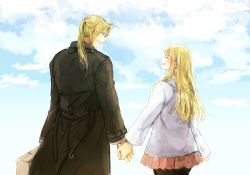 Rule 34 | 1boy, 1girl, 2019, :d, ^ ^, arm at side, blonde hair, blue sky, blush, brown coat, closed eyes, cloud, cloudy sky, coat, couple, dated, day, earrings, edward elric, closed eyes, fullmetal alchemist, holding hands, happy, height difference, hetero, jacket, jewelry, looking at another, open mouth, outdoors, pantyhose, pink shirt, ponytail, profile, shirt, sky, smile, suitcase, tsukuda0310, upper body, white jacket, winry rockbell, yellow eyes