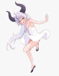 Rule 34 | 1girl, absurdres, ahoge, airenif, alternate costume, bare arms, bare legs, black footwear, braid, braided bangs, collarbone, commentary, demon girl, demon horns, double-parted bangs, dress, flat chest, full body, grey background, grey hair, hair between eyes, high heels, highres, hololive, horns, la+ darknesss, long hair, looking at viewer, multicolored hair, off shoulder, open mouth, outstretched arm, pointy ears, purple hair, sidelocks, simple background, single bare shoulder, sleeveless, sleeveless dress, smile, solo, spaghetti strap, standing, standing on one leg, streaked hair, striped horns, sundress, tachi-e, very long hair, virtual youtuber, white dress, wind, wind lift, yellow eyes