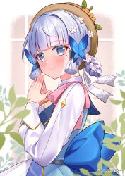 Rule 34 | 1girl, artist name, ayaka (genshin impact), back bow, blue bow, blue dress, blue eyes, blue hair, blunt bangs, blunt tresses, blush, bow, butterfly hair ornament, closed mouth, dress, flower, genshin impact, hair flower, hair ornament, hands up, hat, hat flower, highres, kamisato ayaka, kamisato ayaka (springbloom missive), light blue hair, long sleeves, looking at viewer, mole, mole under eye, official alternate costume, ribbon, sasha chii, smile, solo, steepled fingers, upper body, white ribbon