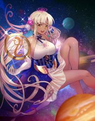 Rule 34 | 1girl, :d, bare legs, blonde hair, breasts, choker, dark-skinned female, dark skin, elbow gloves, giant, giantess, gloves, hair ornament, highres, hololive, hololive english, large breasts, long hair, low twintails, open mouth, planet, planet hair ornament, ribbon, sagta panggang, sideboob, smile, solo, space, space print, star (sky), starry sky print, tsukumo sana, tsukumo sana (1st costume), twintails, very long hair, virtual youtuber, yatagarasu (tsukumo sana), yellow eyes