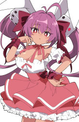 Rule 34 | 1girl, animal ears, antenna hair, armpits, bare shoulders, blush, bow, bow choker, breasts, bright pupils, choker, cleavage, closed mouth, cowboy shot, detached sleeves, di gi charat, dice hair ornament, dress, dress bow, extra ears, frilled dress, frills, hair between eyes, hair ornament, hand on own hip, hand on own face, high-waist skirt, ixy, large breasts, light frown, long hair, looking at viewer, pink hair, pleated skirt, puffy detached sleeves, puffy sleeves, rabbit ears, red choker, red eyes, red skirt, sidelocks, simple background, skirt, solo, underskirt, usada hikaru, very long hair, white background, wrist cuffs