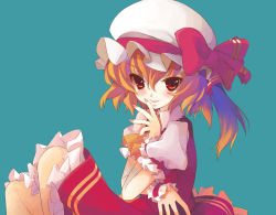 Rule 34 | 1girl, blonde hair, blush, colorized, female focus, flandre scarlet, from side, gotou nao, hair between eyes, hat, mob cap, moriya, red eyes, solo, touhou