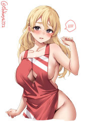 Rule 34 | 1girl, alternate costume, apron, blonde hair, blush, braid, breasts, brown eyes, cleavage, cleavage cutout, clothing cutout, collarbone, cowboy shot, ebifurya, french braid, highres, kantai collection, large breasts, long hair, naked apron, one-hour drawing challenge, red apron, sideboob, solo, twitter username, wavy hair, white background, zara (kancolle)