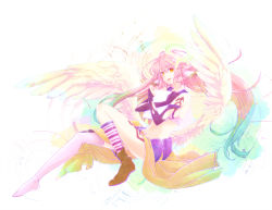 Rule 34 | 10s, 1girl, spiked halo, elbow gloves, gloves, halo, jibril (no game no life), long hair, looking at viewer, magic circle, multicolored hair, navel, no game no life, pink hair, pink thighhighs, shoes, single shoe, single thighhigh, solo, striped clothes, striped thighhighs, tablet pc, thighhighs, torn clothes, white wings, wings, yellow eyes, yonehara