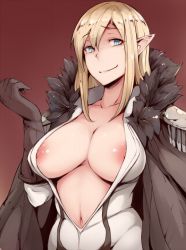 Rule 34 | 1girl, areola slip, bad id, bad pixiv id, blonde hair, blue eyes, breasts, brown background, cape, elf, female focus, fraya (tera), fur trim, gloves, large areolae, large breasts, looking at viewer, navel, nipple slip, nipples, open clothes, open shirt, pointy ears, shirt, smile, smug, solo, tera online, zako (arvinry)
