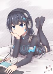 Rule 34 | 00047, 00s, 1girl, bad id, bad pixiv id, bed sheet, black hair, black thighhighs, blue eyes, blunt bangs, bodysuit, book, breasts, colored eyelashes, computer, crossed legs, dated, facepaint, facial mark, feet, frown, full body, genderswap, genderswap (mtf), glowing, grey background, hair ornament, hairclip, hand on own chin, head rest, headphones, highres, laptop, legs up, long hair, looking at viewer, lying, maplestory, no shoes, on bed, on stomach, open book, pen, signature, small breasts, soles, solo, striped, striped background, thighhighs, turtleneck, unitard, xenon (maplestory)