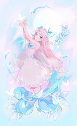 Rule 34 | 1girl, bad id, bad pixiv id, blue background, blue eyes, blue flower, bug, butterfly, cirrika, commentary, dress, flower, hair flower, hair ornament, highres, insect, leaf, long hair, looking at viewer, mole, mole under eye, original, parted lips, pink hair, see-through shawl, shawl, solo, strapless, strapless dress, water, white butterfly, white dress